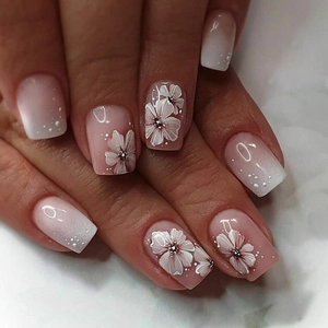Short Square Press On Nails Pink White Ombre Floral Pattern Faux Artificial Pearl Accents Elegant Artificial Fingernails