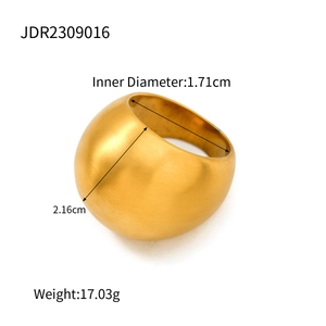 Macro view of wide brushed 18k gold stainless steel ring with 1.71cm inner diameter