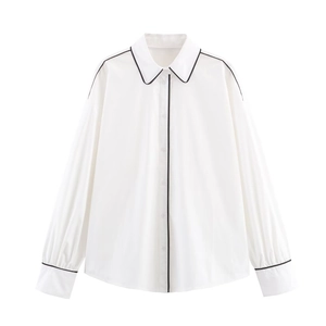 Contrast Trim Poplin Shirt Women Long Sleeve Black Piping Button Down Blouse Minimalist Office Chic White Top