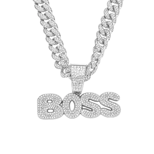 Hip hop silver BOSS pendant necklace with iced out rhinestones on cuban link chain