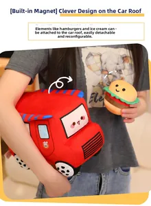 Détail du bus en peluche rouge avec accessoire hamburger magnétique à la main