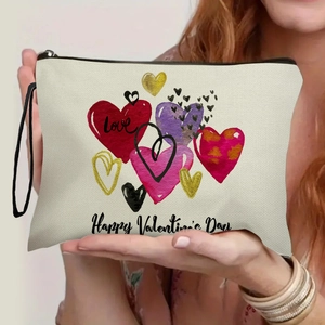 Trousse à maquillage Saint-Valentin en toile crème avec motifs cœurs et texte Love