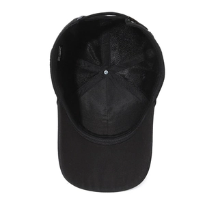 Interior view of black cotton-tencel baseball cap with adjustable strap and breathable vents