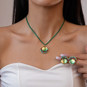 Vintage Bohemian Green Beaded Necklace And Earrings With Resin Glass Stones And Silver Earring Post Women Jewelry