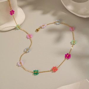 Bohemian colorful flower necklace and bracelet set with gold chain and beads