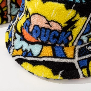 Colorful graffiti lamb wool bucket hat with QUCK cartoon print for winter warmth