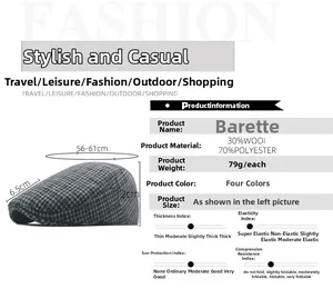 Detailed size chart for wool blend plaid beret hat with adjustable 56-61cm circumference