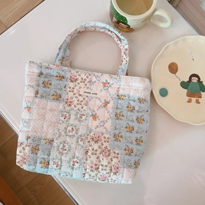 Floral Quilted Handbag Cotton Canvas Small Tote Bag Lunch Pouch Korean INS Style Women Casual Portable