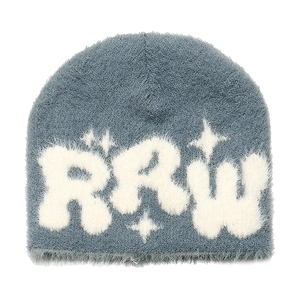 Winter plush knit beanie in grey blue featuring white RRW letter and star patterns