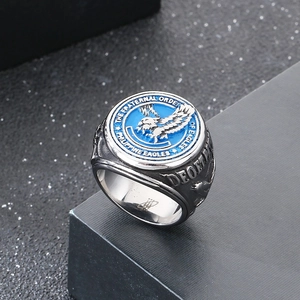 Detail of blue enamel Fraternal Order of Eagles ring with engraved Latin motto