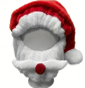 Detail of plush Santa Claus motorcycle helmet cover with white beard and red nose