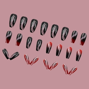 24pcs long coffin press-on nails featuring black red gradient and fine glitter finish
