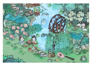Détail d'autocollants PET 2.5D avec paysage de jardin chinois et personnages de dessins