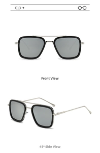 Front and 45-degree side views of square retro sunglasses with silver metal double bridge