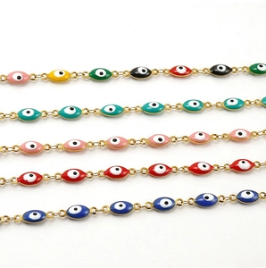 Detailed rows of colorful enamel Evil Eye chain bracelets in 18K gold plated stainless steel