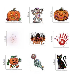 Detailed size guide for laser Halloween stickers including pumpkin and mummy dimensions