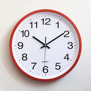 Classic round wall clock with 30cm red plastic frame and easy-to-read white dial