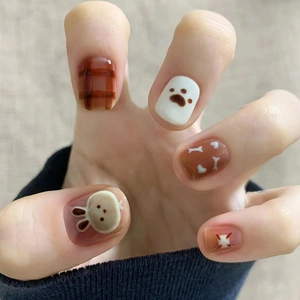 Cute Cartoon Rabbit Press On Nails Brown White Plaid Glossy Short Fake Nails With Glue For Women Girls Kawaii Style