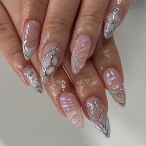 Press On Nails 3D Silver Metallic Line Heart Water Ripple Nude Pink Y2K Long Almond Fake Nails