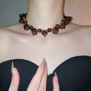 Retro acrylic leopard print cubes and wooden beads choker necklace set for women