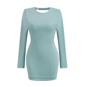 Slim fit light blue glitter mini dress with long sleeves and backless cutout design