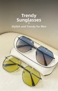 Detail view of stylish square metal aviator sunglasses with gradient and yellow night lenses