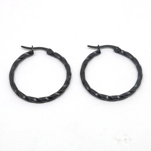 Twisted black stainless steel hoop earrings with secure spring buckle clasp for women