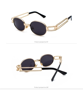 Steampunk oval gold frame sunglasses with hollow geometric temples and black lenses
