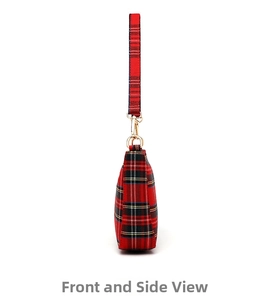 Side view of red tartan baguette bag showing fabric texture and gold hardware details