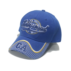 Dark blue trucker hat with 3D Hollywood embroidery and geometric pattern on the brim
