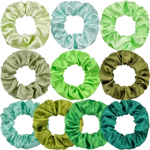10-piece green satin scrunchies set with silky gradient colors and elastic hair bands