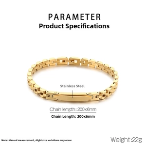 Detailed size chart of a 200mm gold stainless steel link bracelet with metal plate