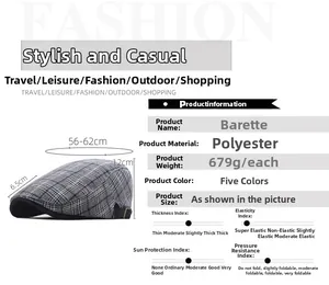 Size specifications and side view of classic plaid beret with grey checkered pattern