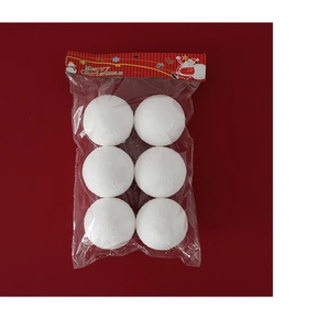 Detail of 6 white foam snowballs with texture in a Merry Christmas packaging bag