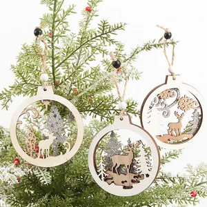 Christmas Tree Hanging Ornaments Natural Wood Hollow Laser Cut Reindeer Forest Design Round Festive Decoration With Jute Rope Beads