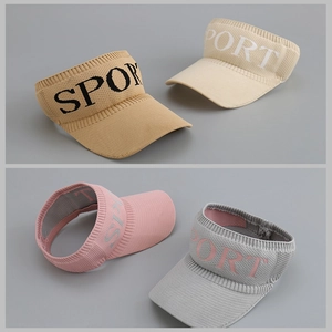 Close-up of breathable knitted sun visors in khaki, beige, pink, and grey with Sport logo