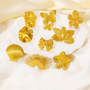 Anelli In Acciaio Inossidabile Placcato Oro Farfalla Fiore Conchiglia Astratto Regolabile Per Donna Gioielli Vintage Esagerati