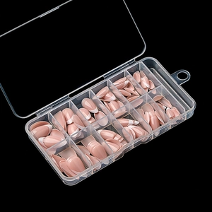Classic nude pink and white French tip short almond press-on nail set in transparent box