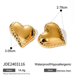 Detailed size specifications of chunky stainless steel heart earrings in golden finish