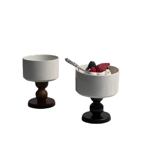 French retro ceramic dessert cups with wooden base in white and brown and black colors
