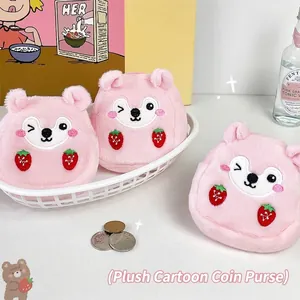 Pink plush hamster coin purse with strawberry embroidery and cute animal ear design