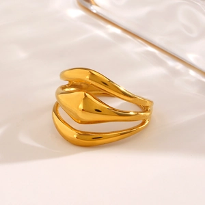 Modern minimalist multi-layered gold-plated stainless steel ring with fluid organic lines