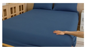 Detailed view of dark blue fitted sheet featuring smooth texture on a bedroom bed setup