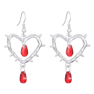 Gothic thorn heart earrings with red water drop pendants in silver finish for women