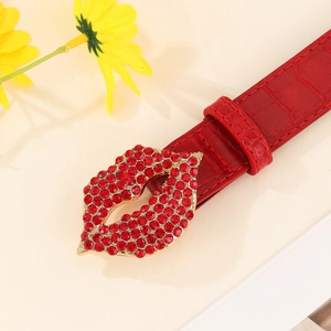 Y2K American style red lip rhinestone buckle belt with crocodile texture on red leather