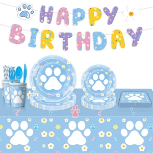 Blue dog paw print party supplies set with plates, cups, napkins and birthday banner