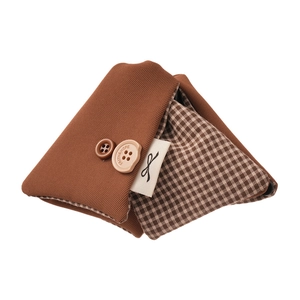 Brown corduroy and plaid grid hair scrunchie with dual buttons and a bow label