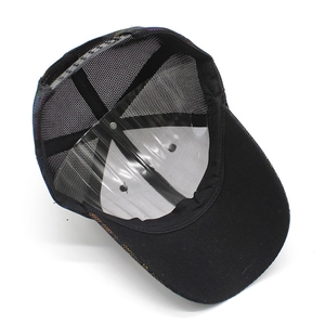 Classic black mesh trucker hat with breathable snapback design and adjustable plastic strap