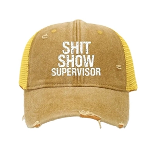 Vintage khaki Shit Show Supervisor trucker hat with distressed details and mesh back