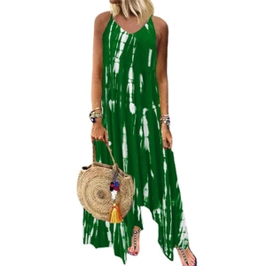 Women green tie-dye V-neck maxi dress with spaghetti straps and asymmetric hem